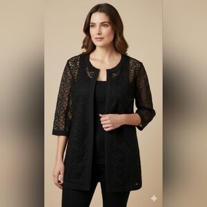 Tahari Black Sheer Embroidered Circle Lace Cardigan | Size XL | Open Front NWT